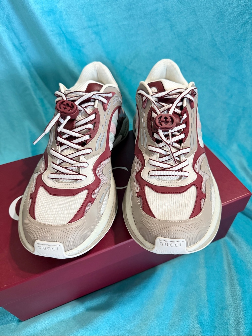 Gucci Rhyton-Style Women’s Sneakers in Beige and Burgundy